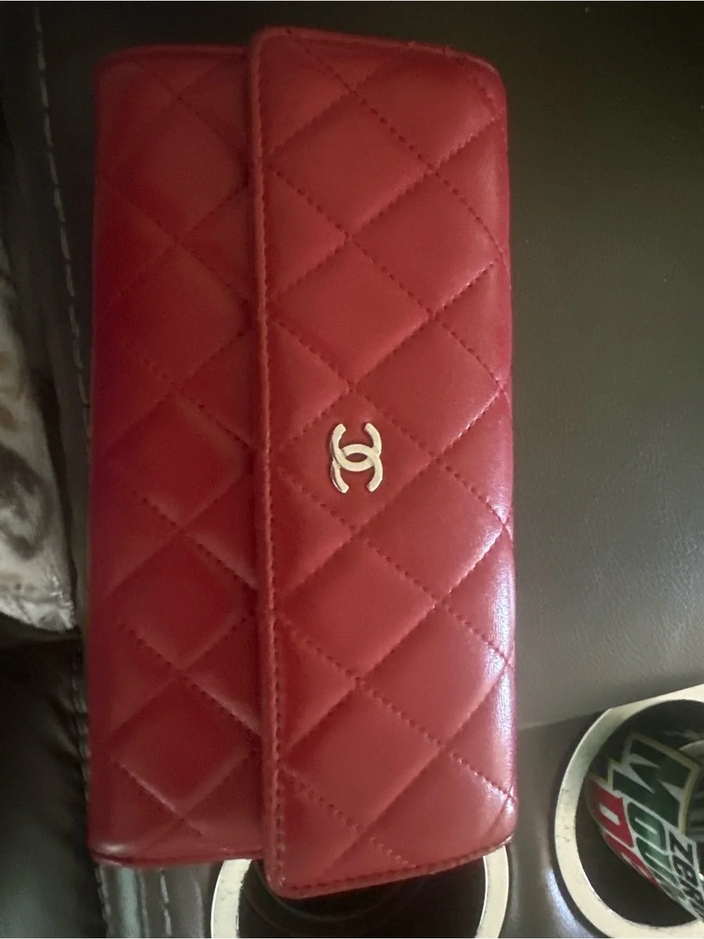 CHANEL Quilted Red Leather Wallet with Silver CC Emblem